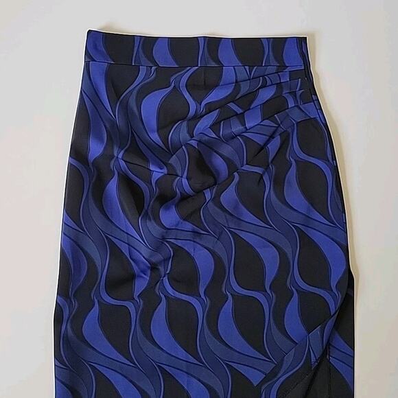 Zara Geometric Print Ruched Satin Midi Pencil Skirt Thigh High Side Slit Retro - Picture 3 of 12